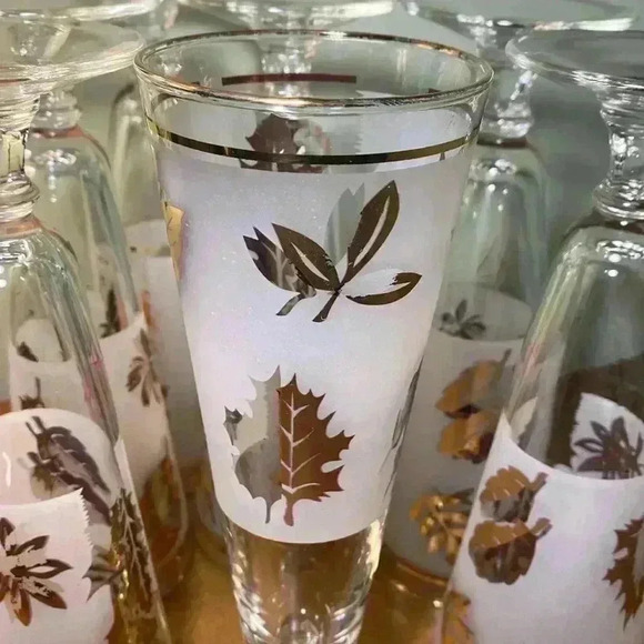 SET of 7 Libbey  Flute stem Beer glasses Frosted gold leaf 8.25" x 2.75" - Picture 16 of 16